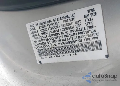 2009 Honda Odyssey Touring z USA, uszkodzony, nr VIN 5FNRL38989B011507